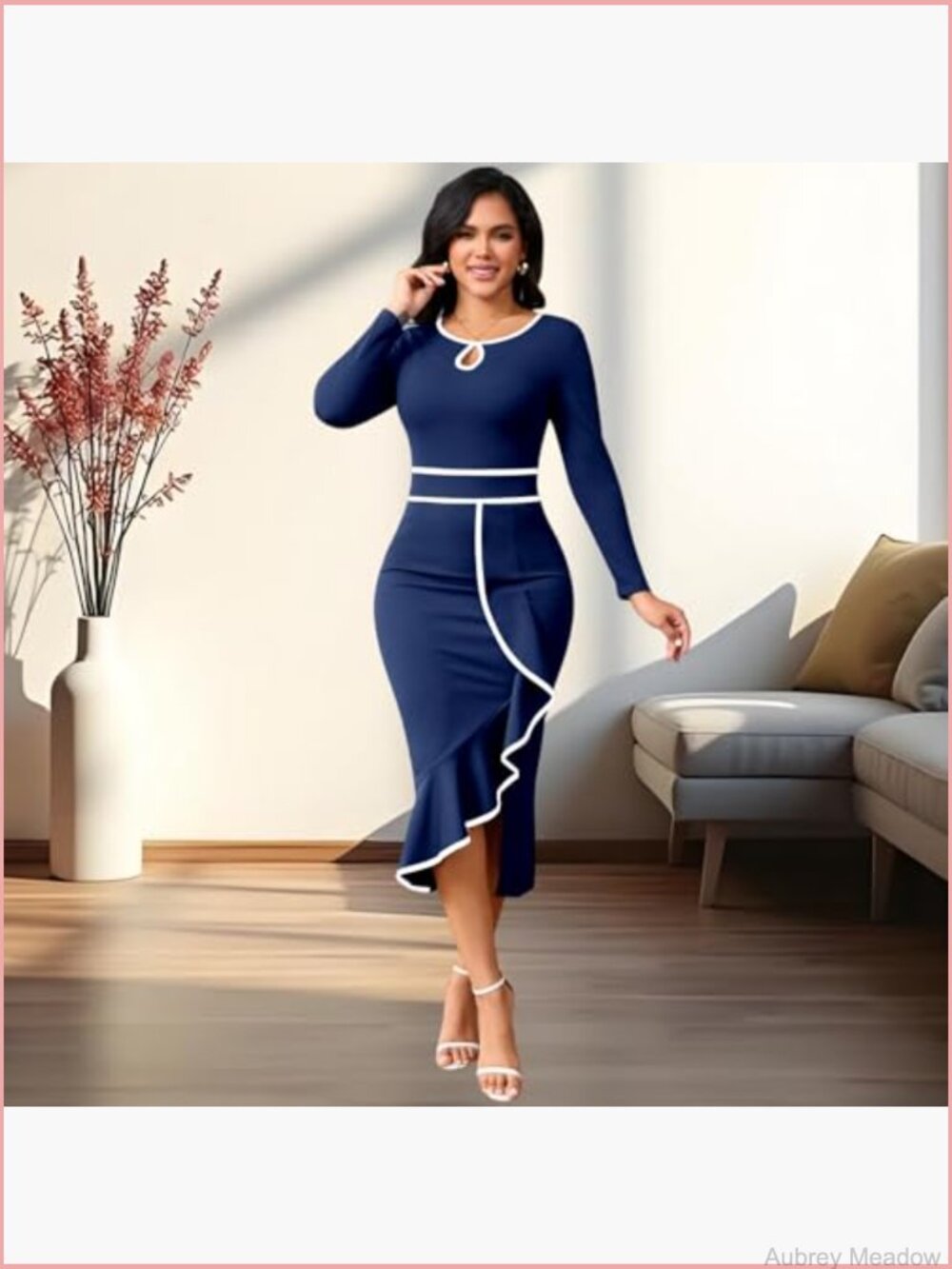Elegant Vintage Bodycon Midi Dress Long Sleeve Pencil Work Church - Picture 5 of 7